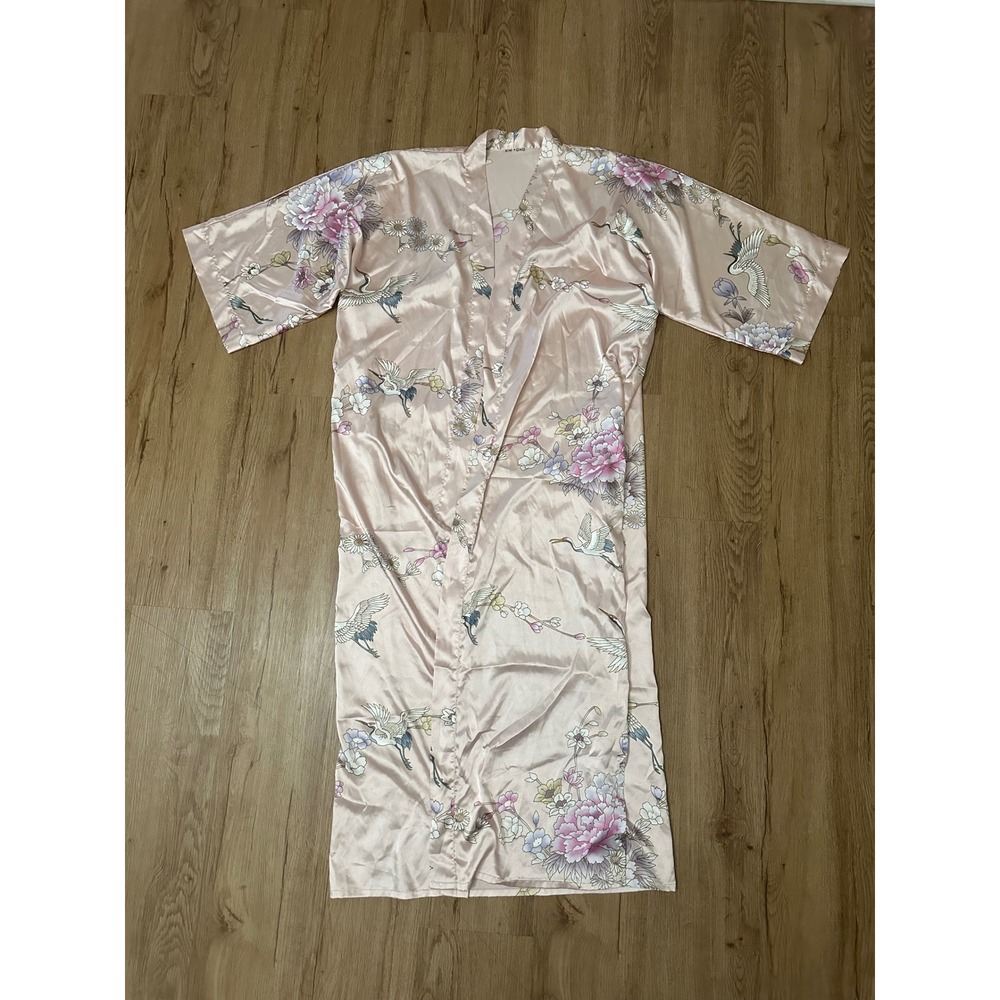 KIM + ONO Pink Satin Crane Floral Long Robe Kimono One Size